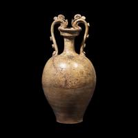 A Chinese Straw Glazed Handled Amphora Vase, Tang Dynasty 唐 綠釉雙龍首瓶
