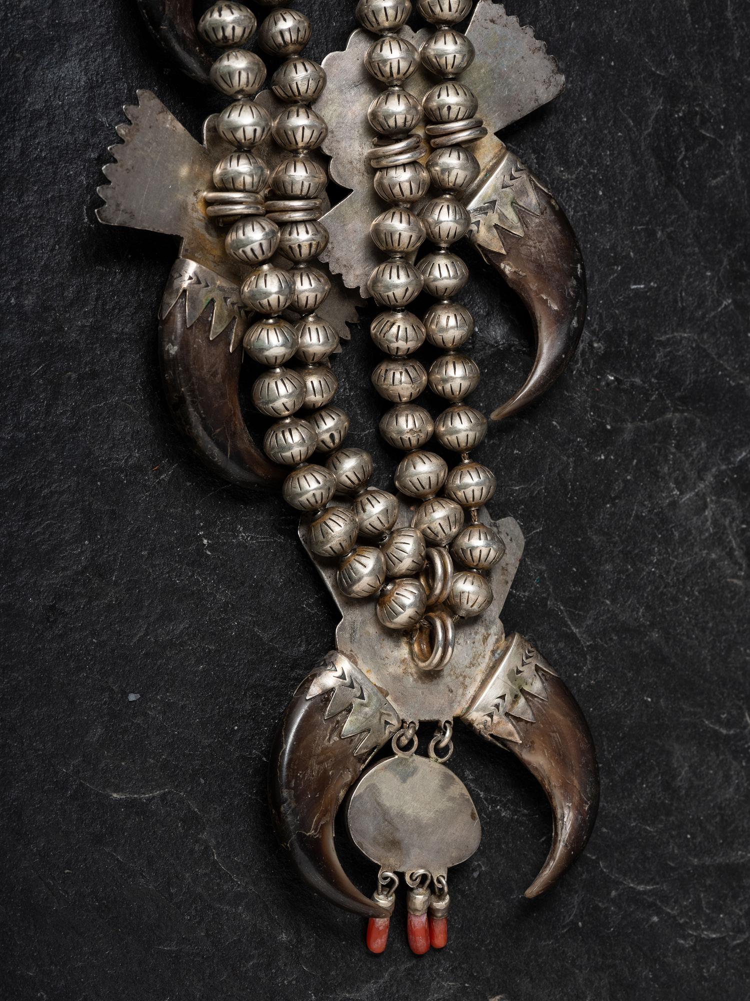 Navajo Silver, Turquoise, and Claw Squash Blossom Necklace