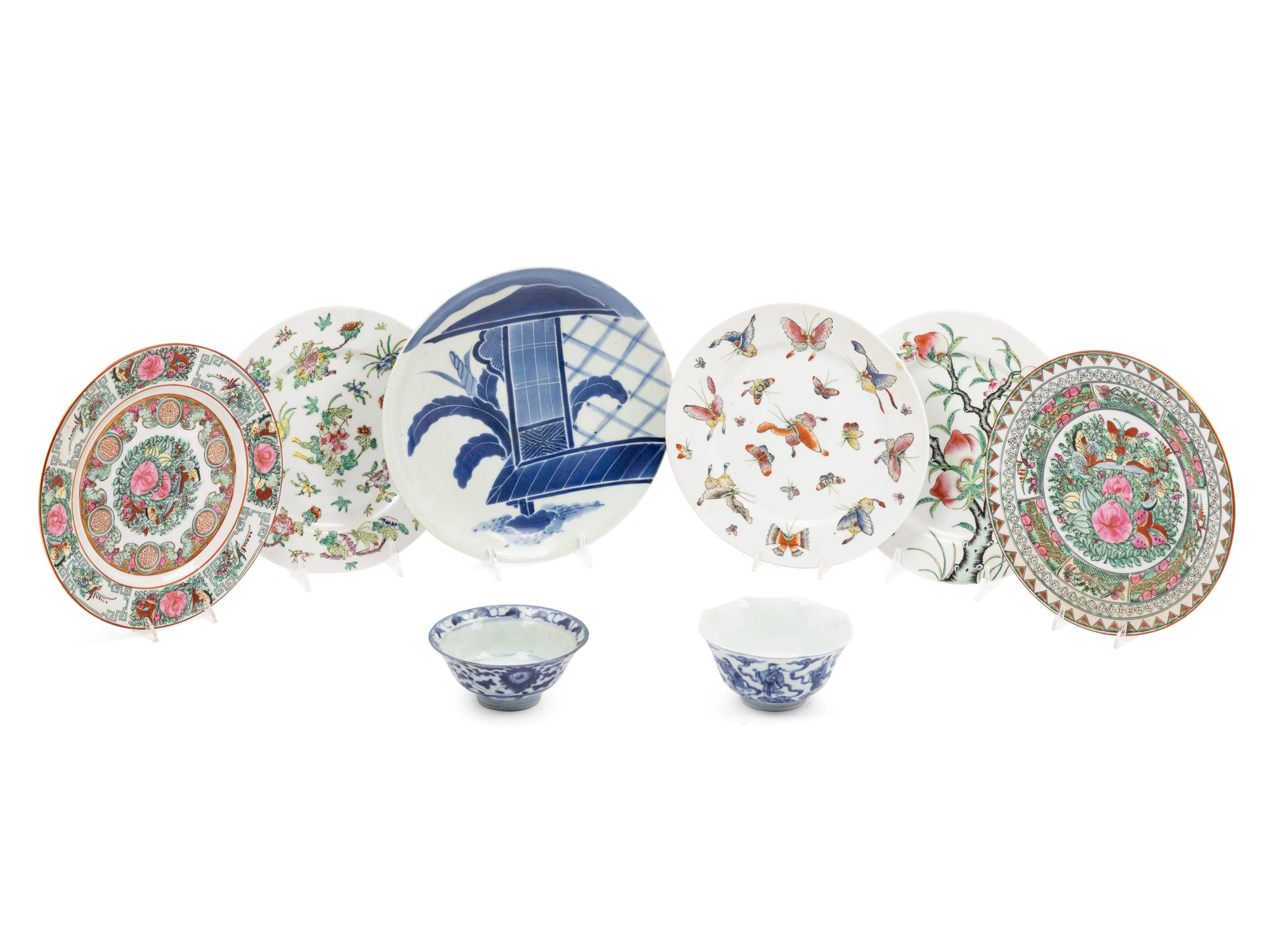 Six Chinese Export Porcelain Plates and Two Blue and White Bowls