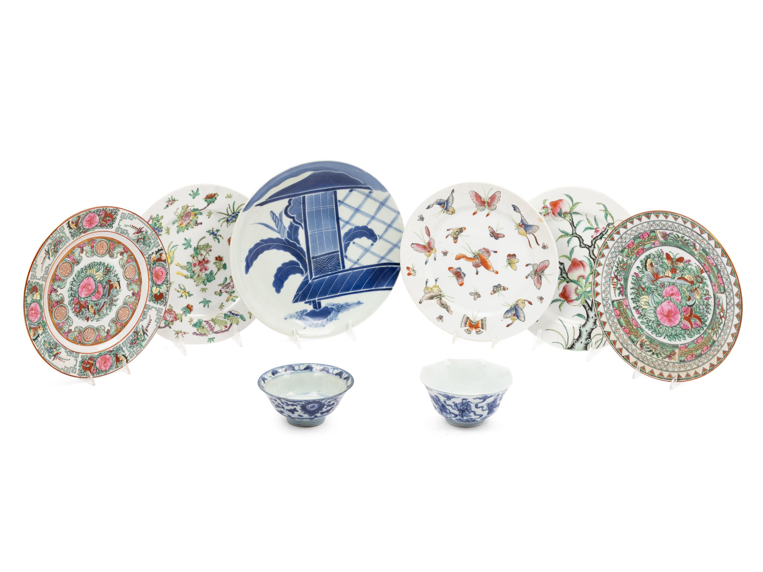Six Chinese Export Porcelain Plates and Two Blue and White Bowls