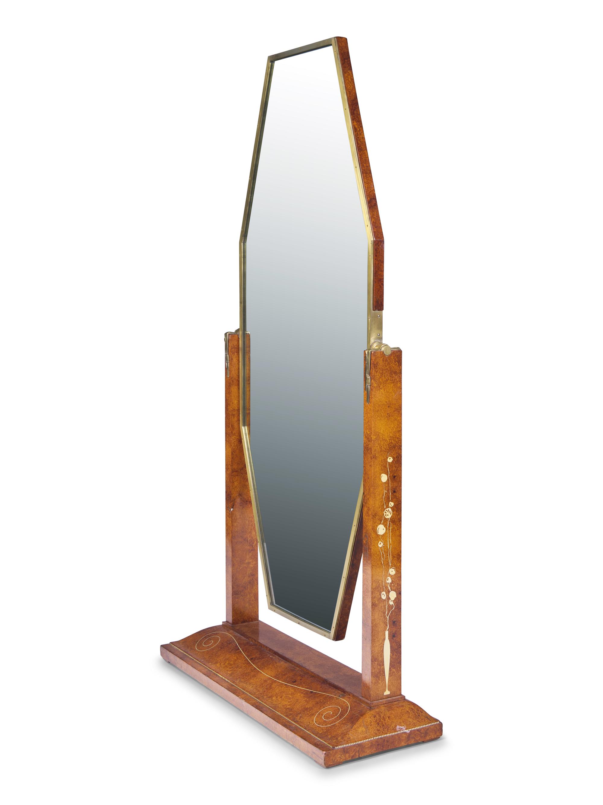 An Art Deco Brass-Inlaid Burl-Walnut Cheval Mirror