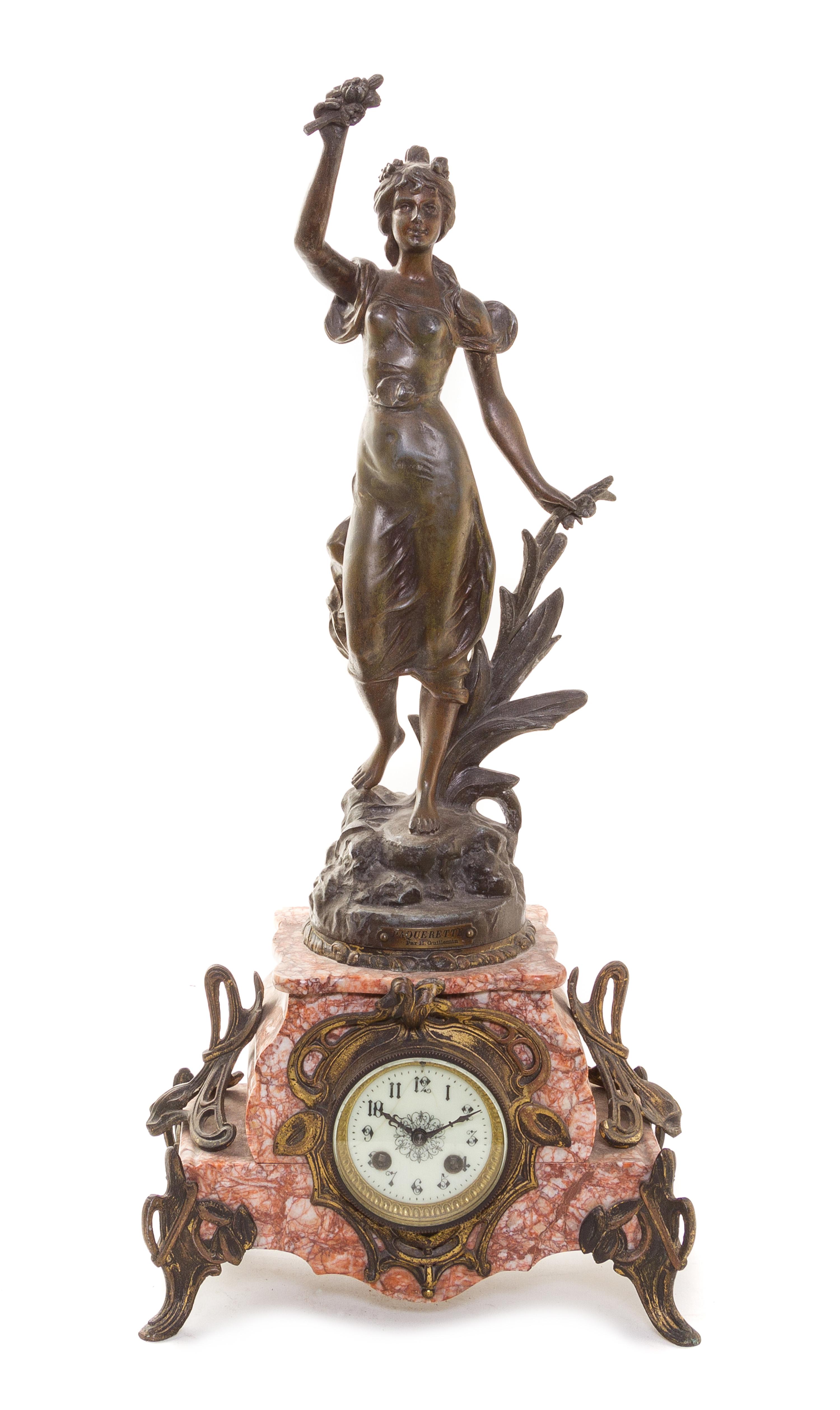 A French Cast Metal and Marble Figural Mantel Clock, Height 27 inches.