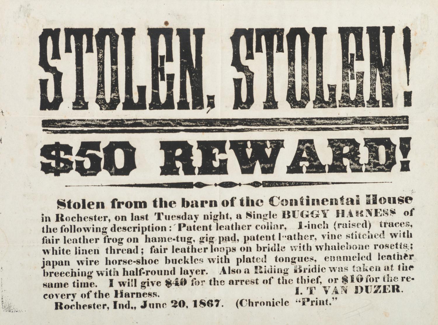 [CRIME & PUNISHMENT]. A group of 3 broadsides advertising rewards for apprehending a murderer and thieves, highlighted by $500 reward for a man charged with murder in St. Louis, MO, in 1854.