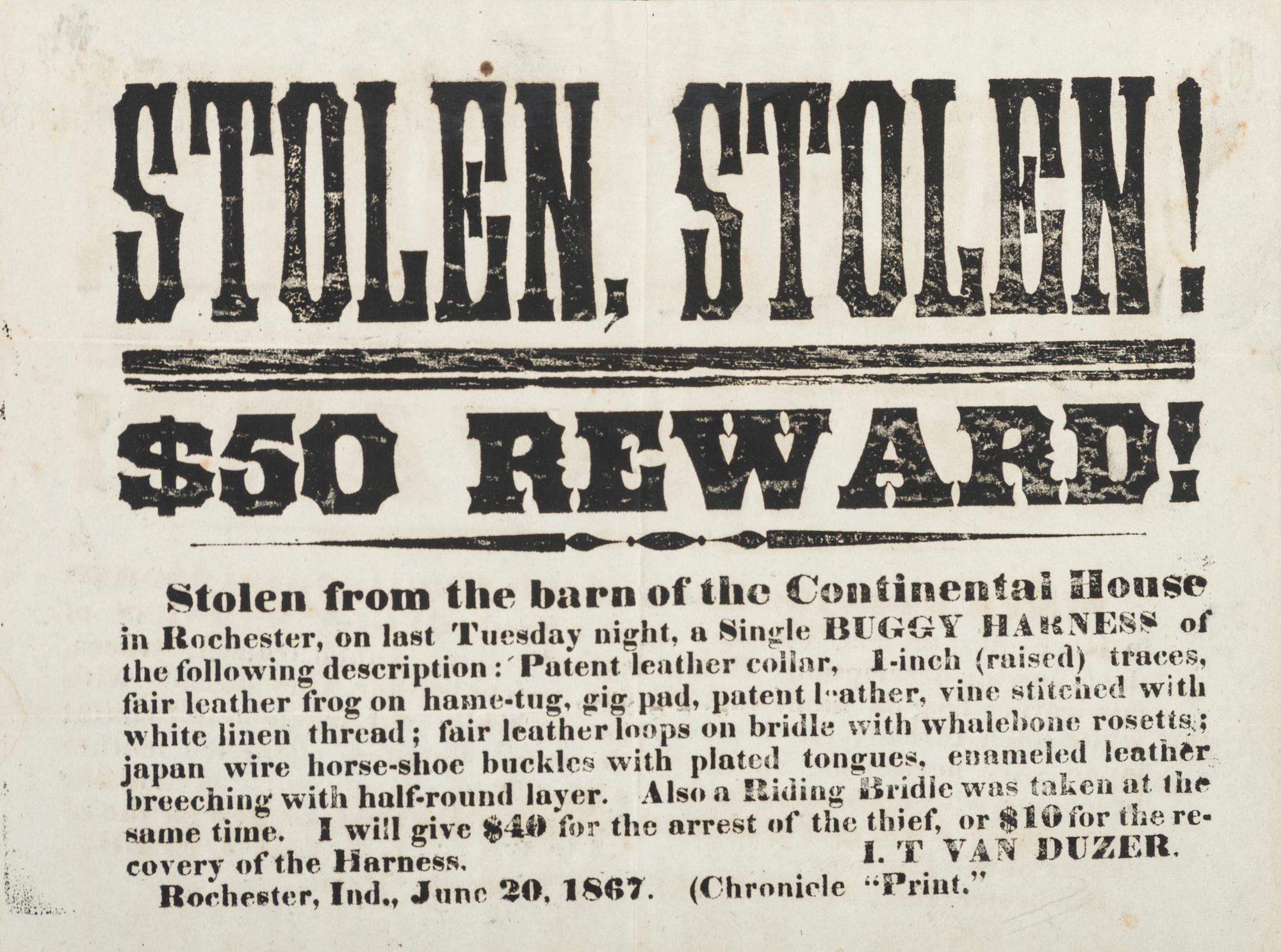 [CRIME & PUNISHMENT]. A group of 3 broadsides advertising rewards for apprehending a murderer and thieves, highlighted by $500 reward for a man charged with murder in St. Louis, MO, in 1854.