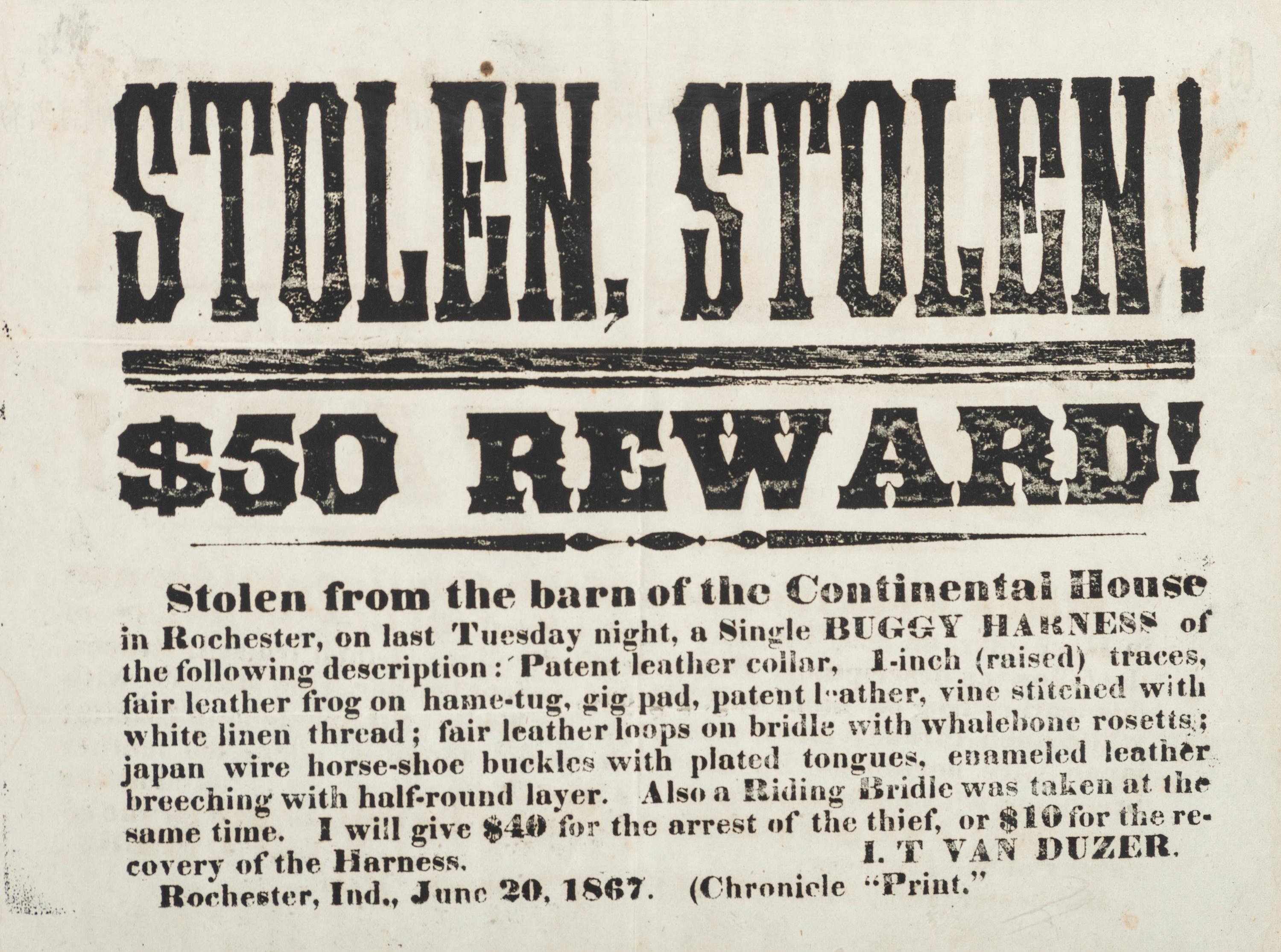 [CRIME & PUNISHMENT]. A group of 3 broadsides advertising rewards for apprehending a murderer and thieves, highlighted by $500 reward for a man charged with murder in St. Louis, MO, in 1854.