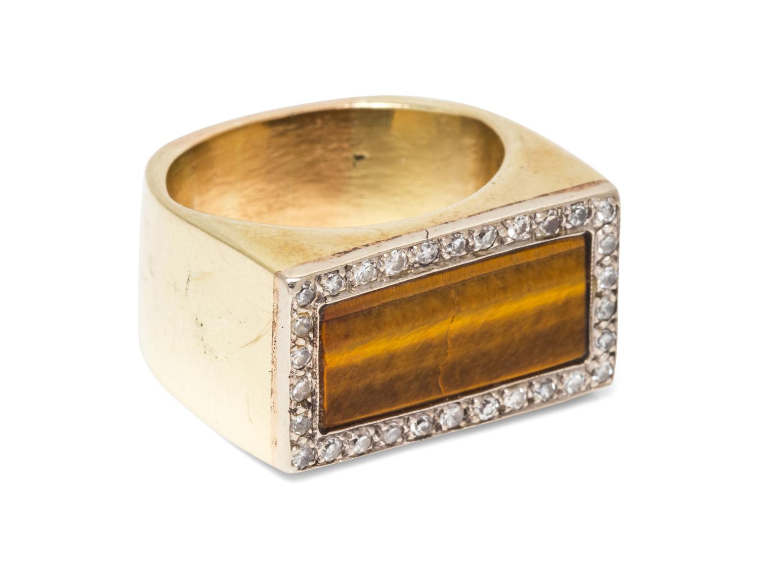 A 14 Karat Bicolor Gold, Tiger’s Eye and Diamond Ring,