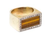 A 14 Karat Bicolor Gold, Tiger’s Eye and Diamond Ring,