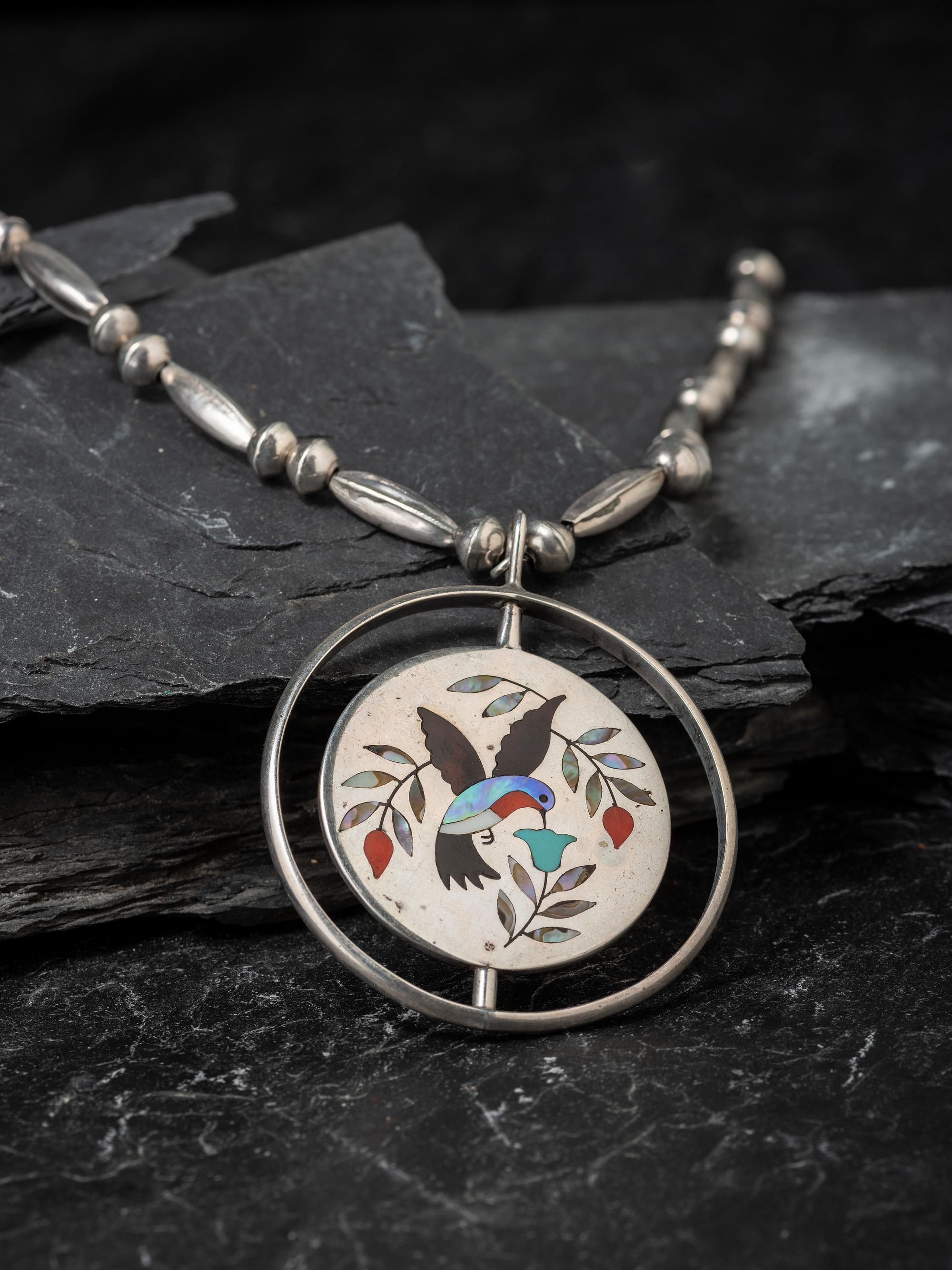 Channel Inlay Hummingbird and Cardinal Swivel Pendant