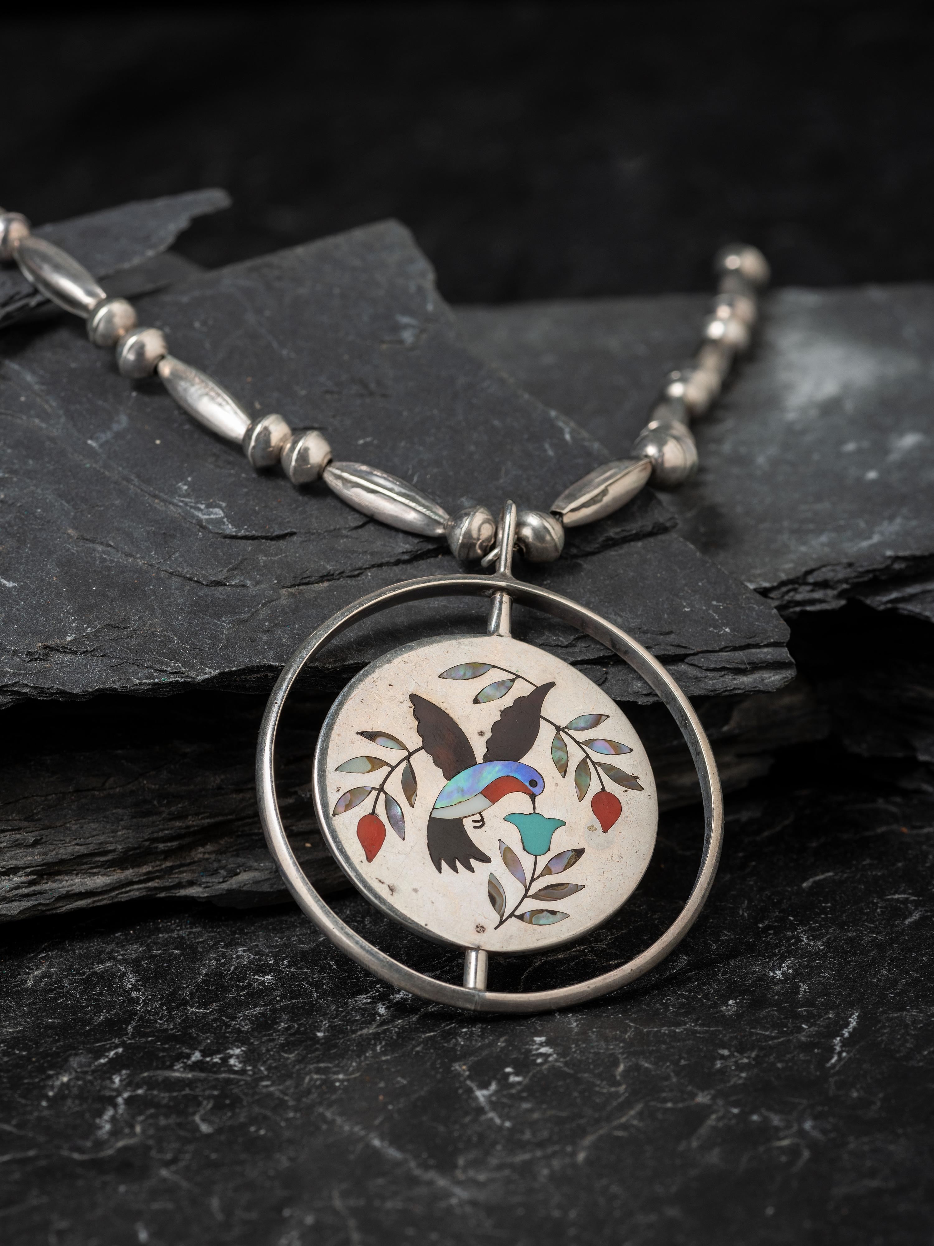 Channel Inlay Hummingbird and Cardinal Swivel Pendant