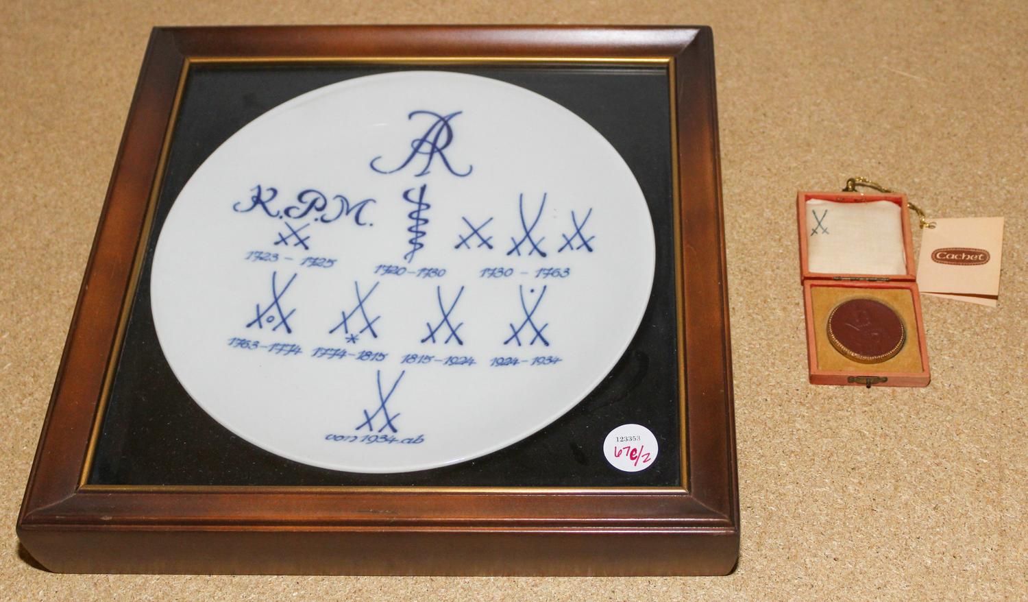 A Meissen Porcelain Commemorative Friends Insignia Plate Height of display case 12 3/4 x width 12 3/4 inches.