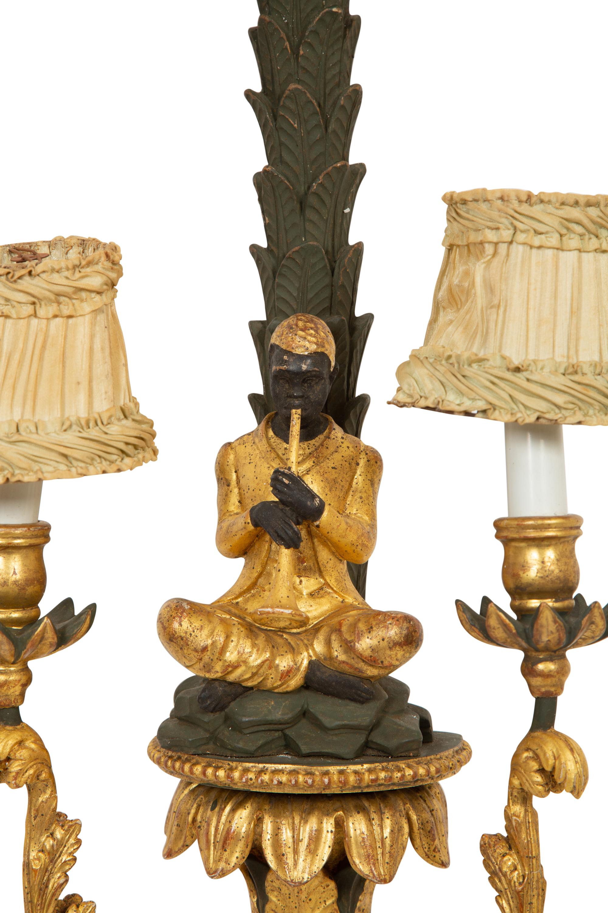A Pair of Painted and Parcel Gilt Carved Wood Sconces