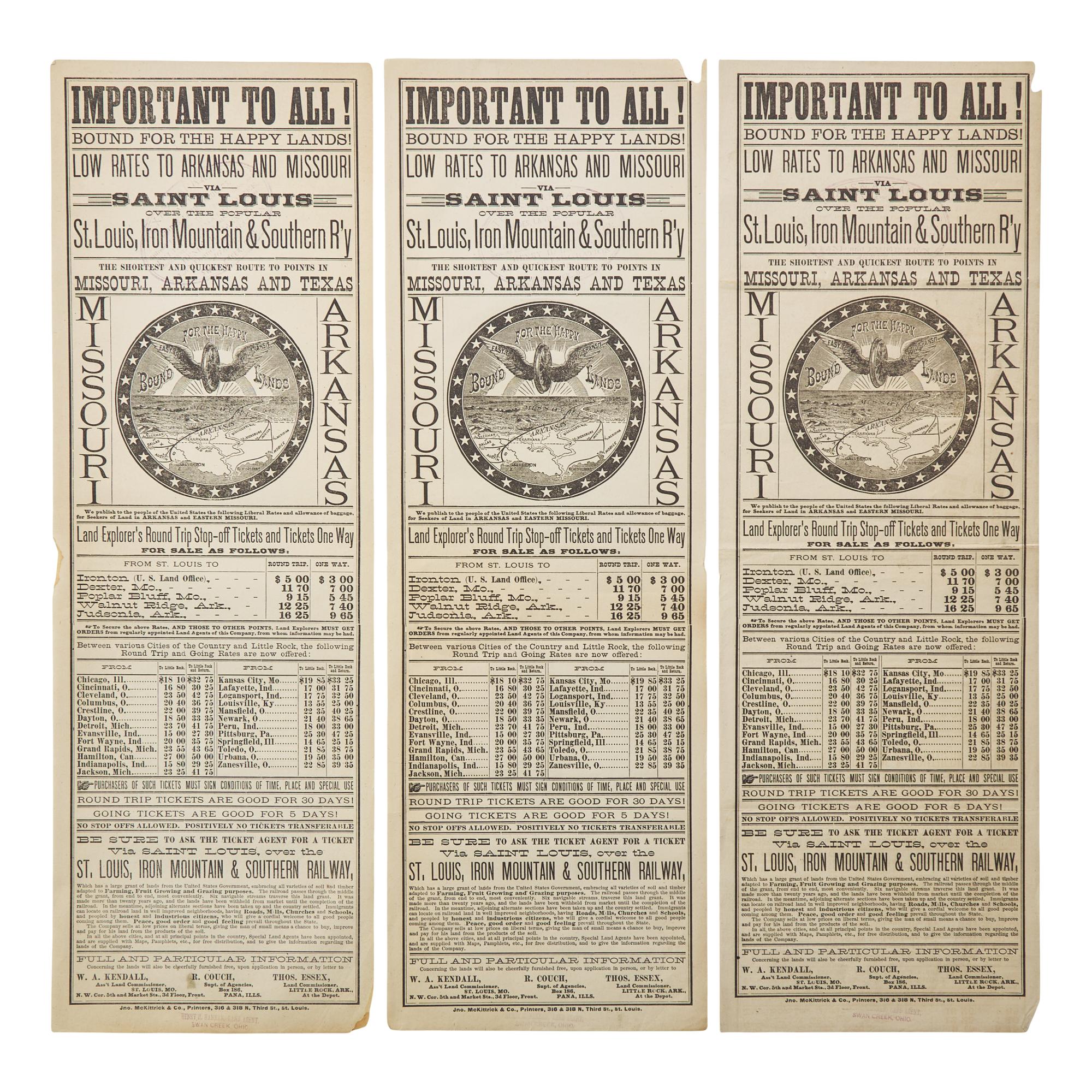 [Transportation] Group of 3 broadsides promoting the St. Louis, Iron Mountain & Southern Railway