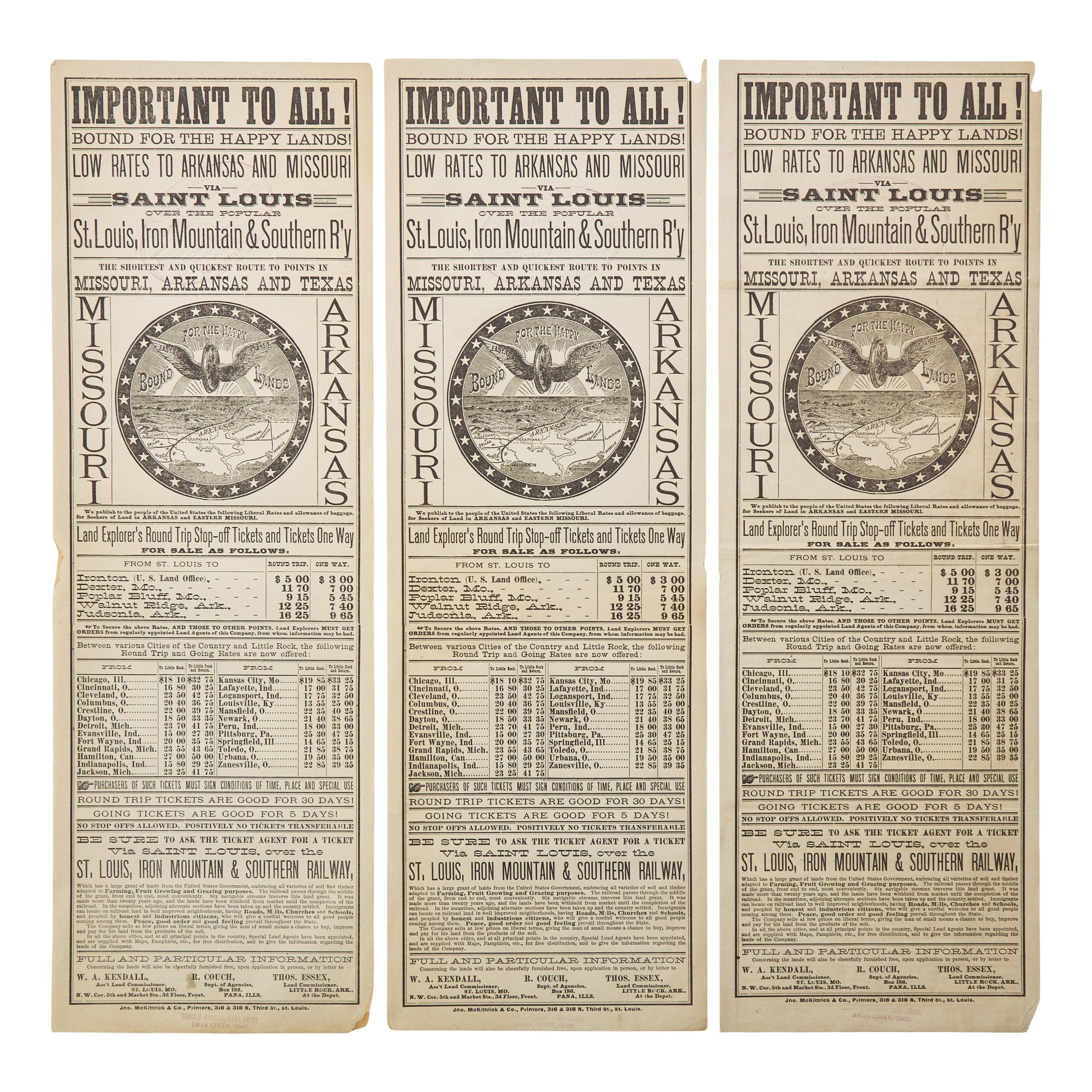[Transportation] Group of 3 broadsides promoting the St. Louis, Iron Mountain & Southern Railway
