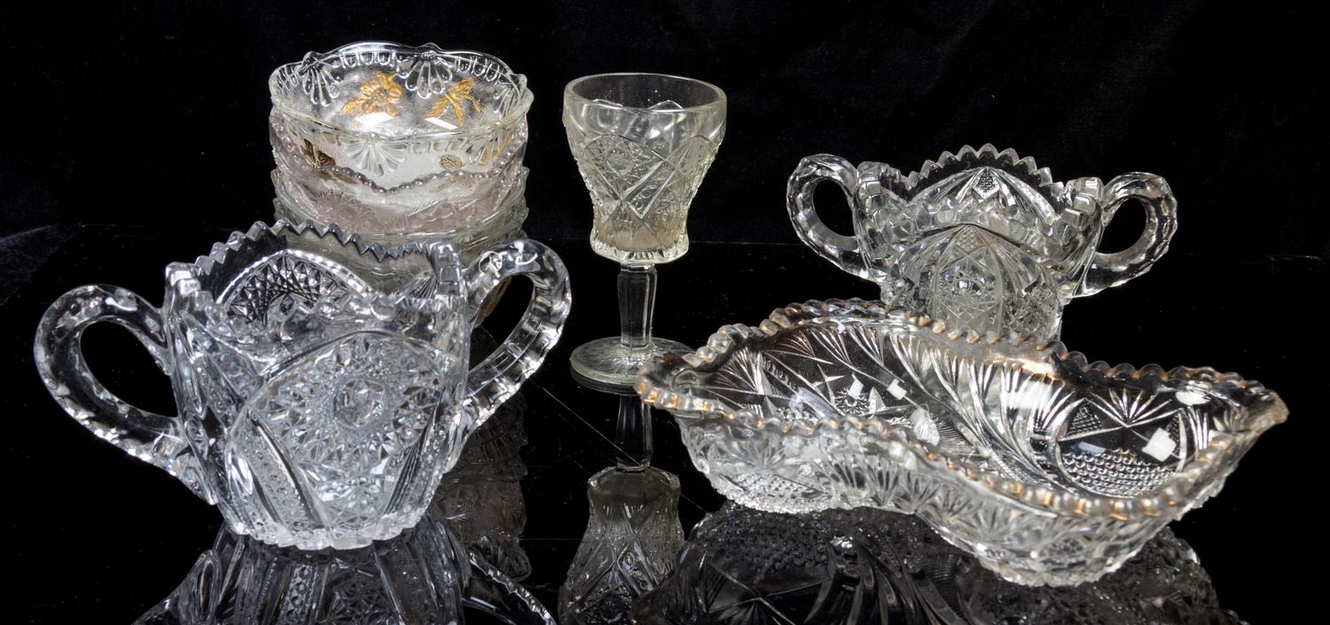 A Collection of Cut, Pressed and Molded Glass Articles Height of tallest 8 inches.