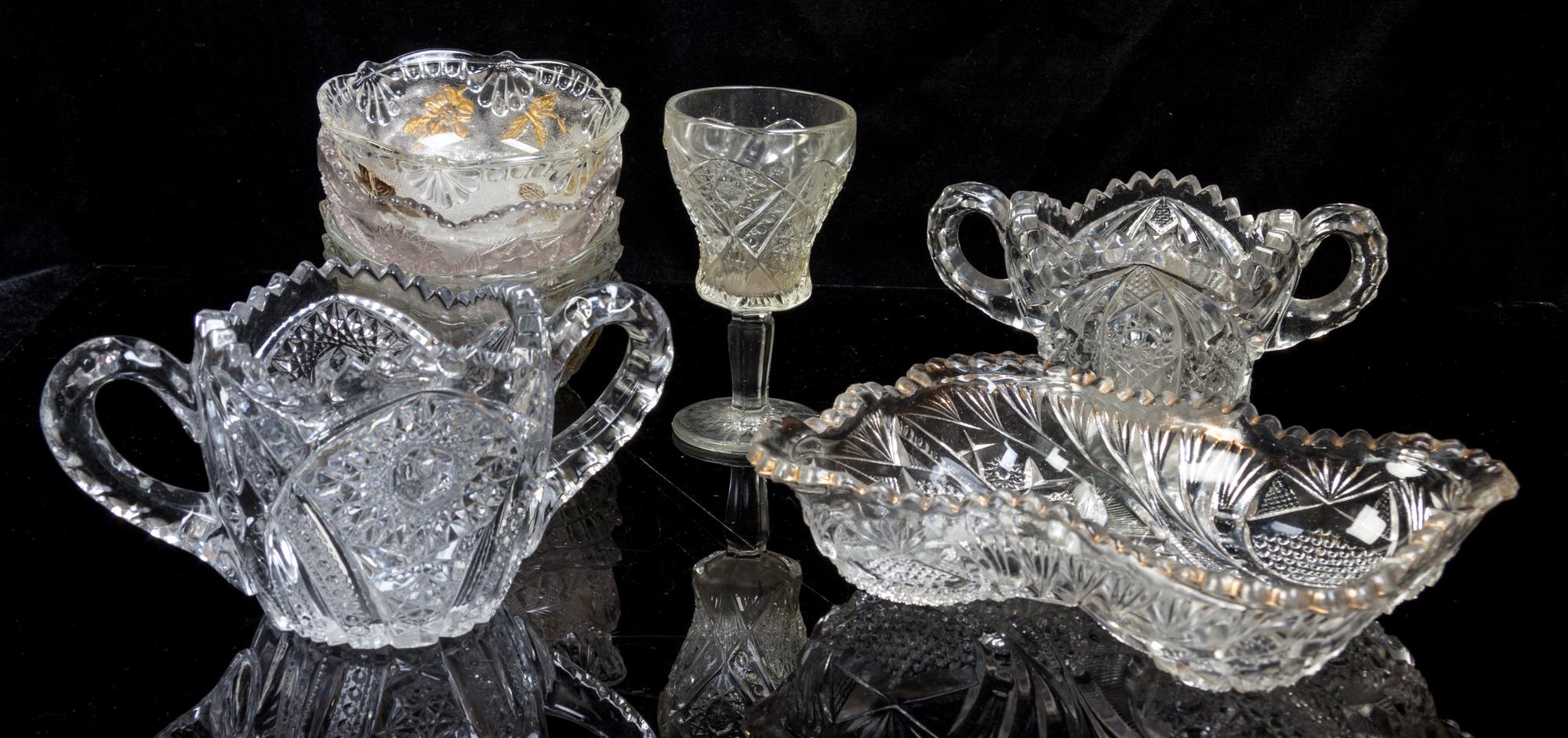 A Collection of Cut, Pressed and Molded Glass Articles Height of tallest 8 inches.