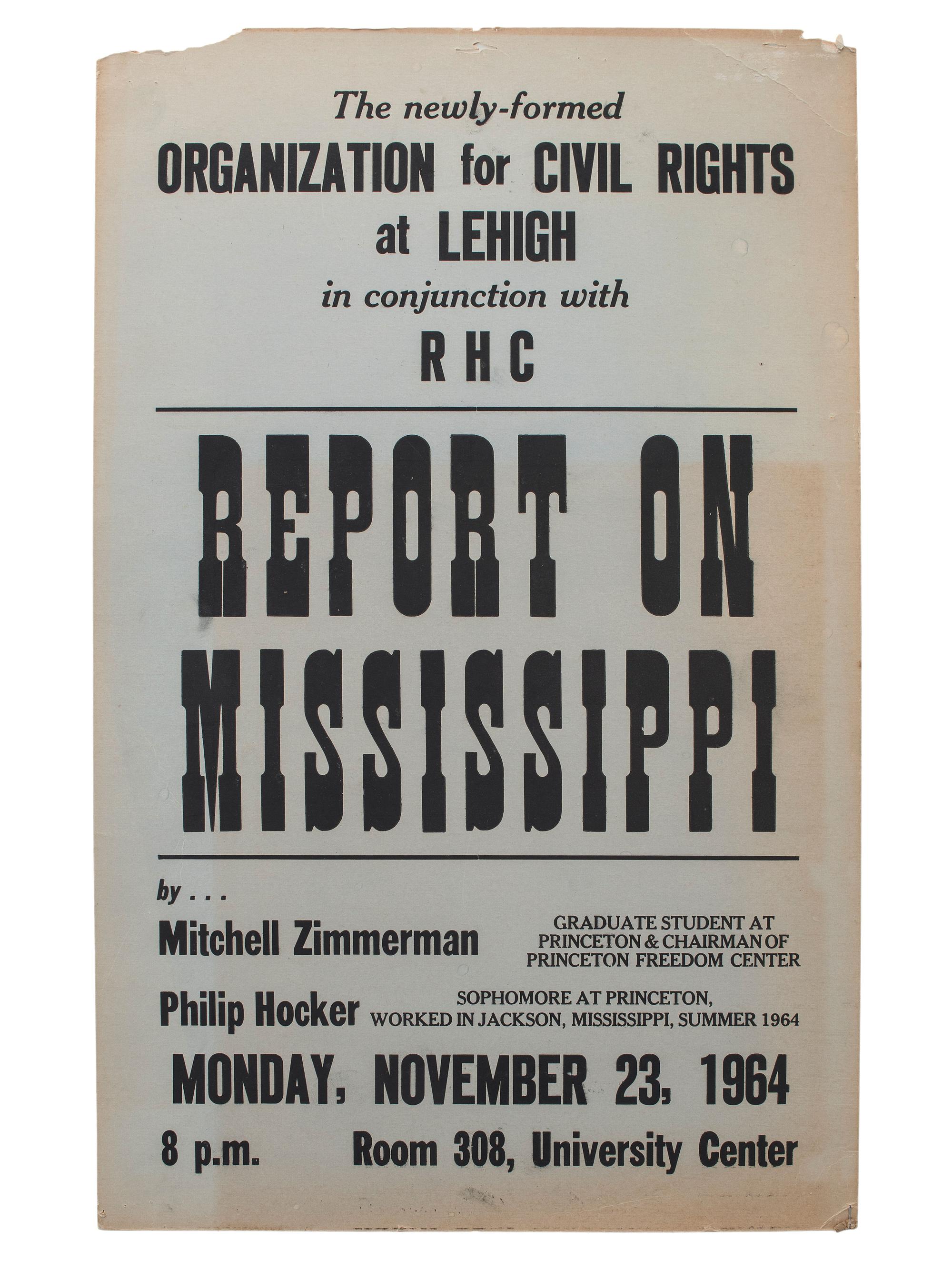 [CIVIL RIGHTS]. Report on Mississippi. [Bethlehem, PA?]: [Lehigh University], 1964.