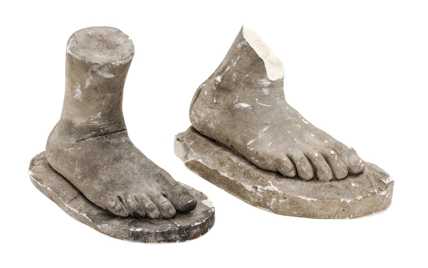 Two Continental Cast Plaster Foot Fragments, AFTER THE ANTIQUE, Height of taller 6 1/2 x width 8 1/4 inches. — AFTER THE ANTIQUE,