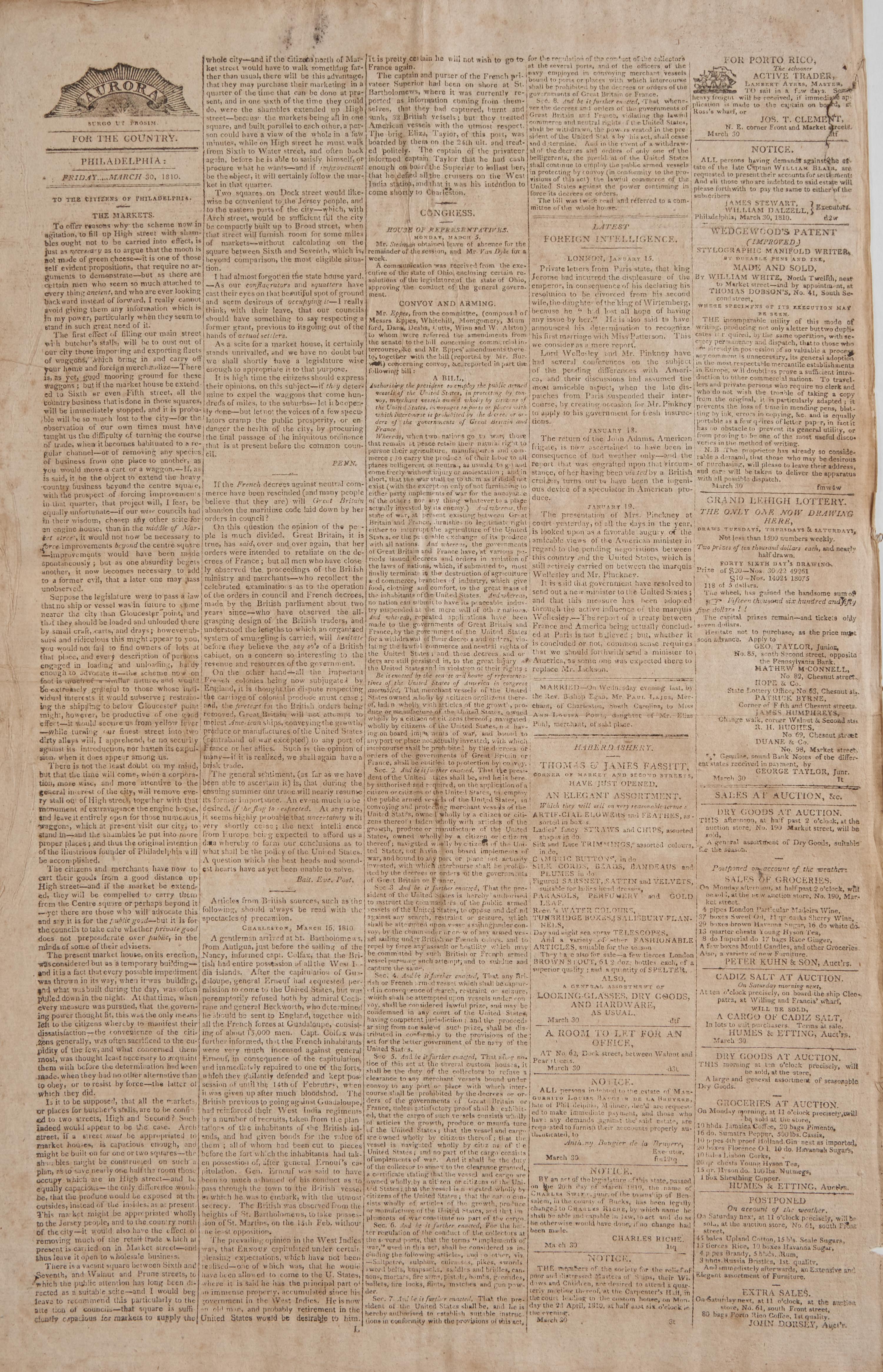 [American Newspapers] [Fire Insurance] Group of 2 Issues of the Aurora , with a Large Ad for Early Fire Insurance, and Reports on British Impressment of American Sailors