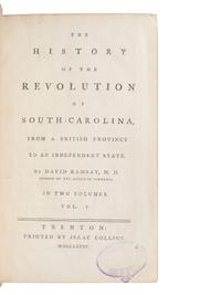 RAMSAY, David (1749-1815). The History of the Revolution of South-Carolina … Trenton: Isaac Collins, 1785.