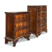 A Pair of Italian Baroque Style Inlaid Walnut Commodini