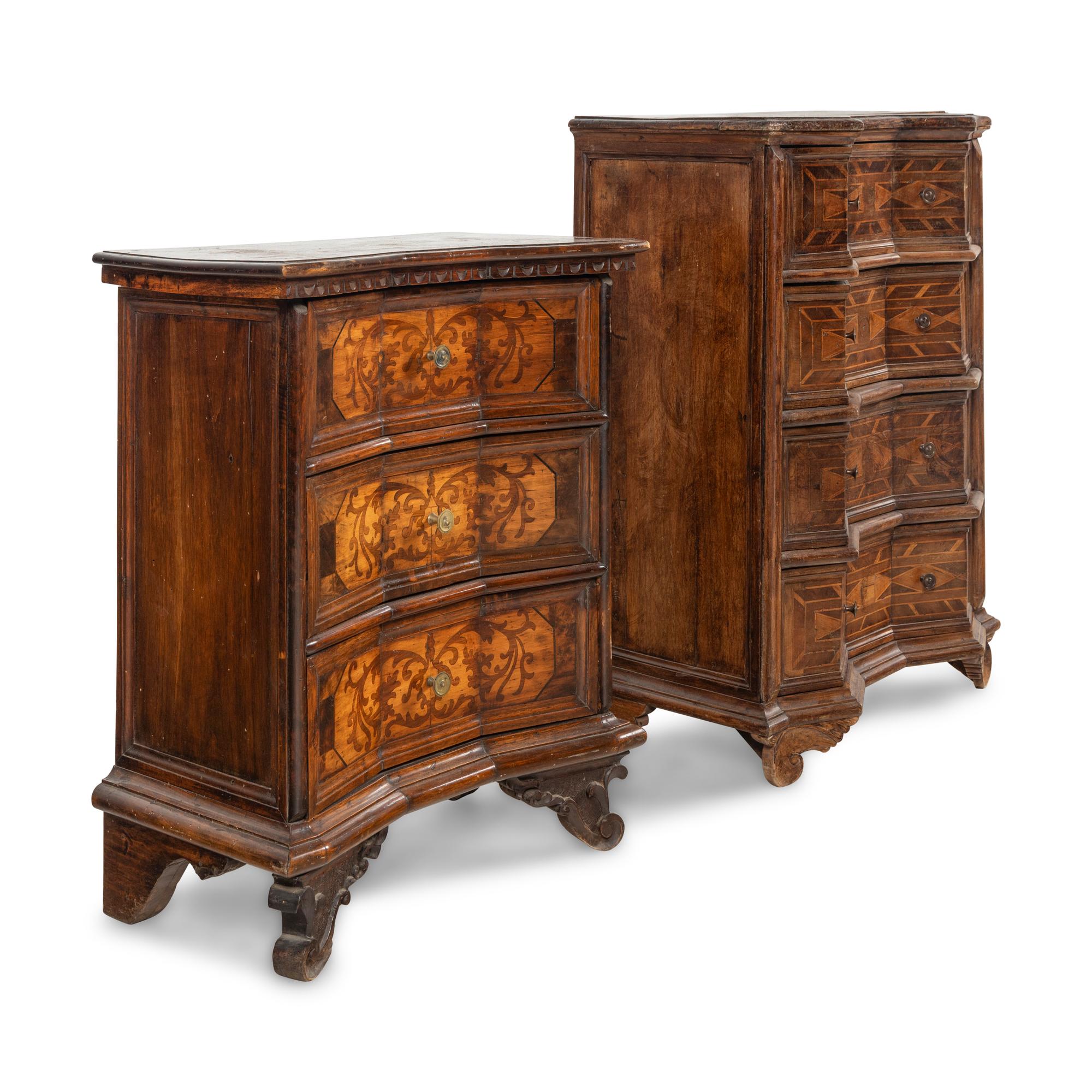A Pair of Italian Baroque Style Inlaid Walnut Commodini