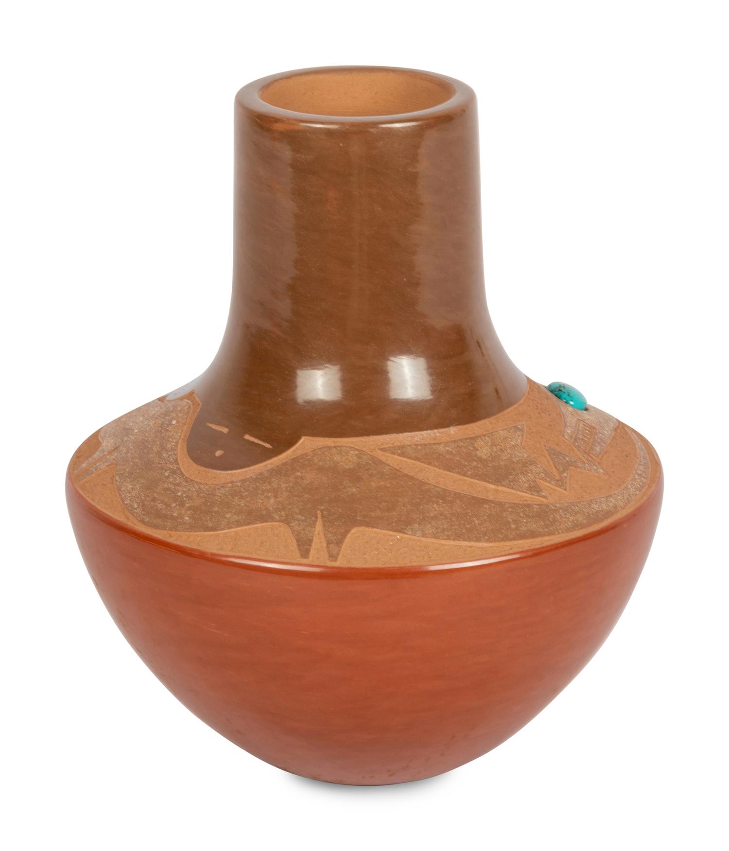 Red and Sienna Pottery Vase, with Avanyu and Turquoise Cabochon