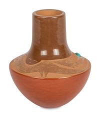 Red and Sienna Pottery Vase, with Avanyu and Turquoise Cabochon
