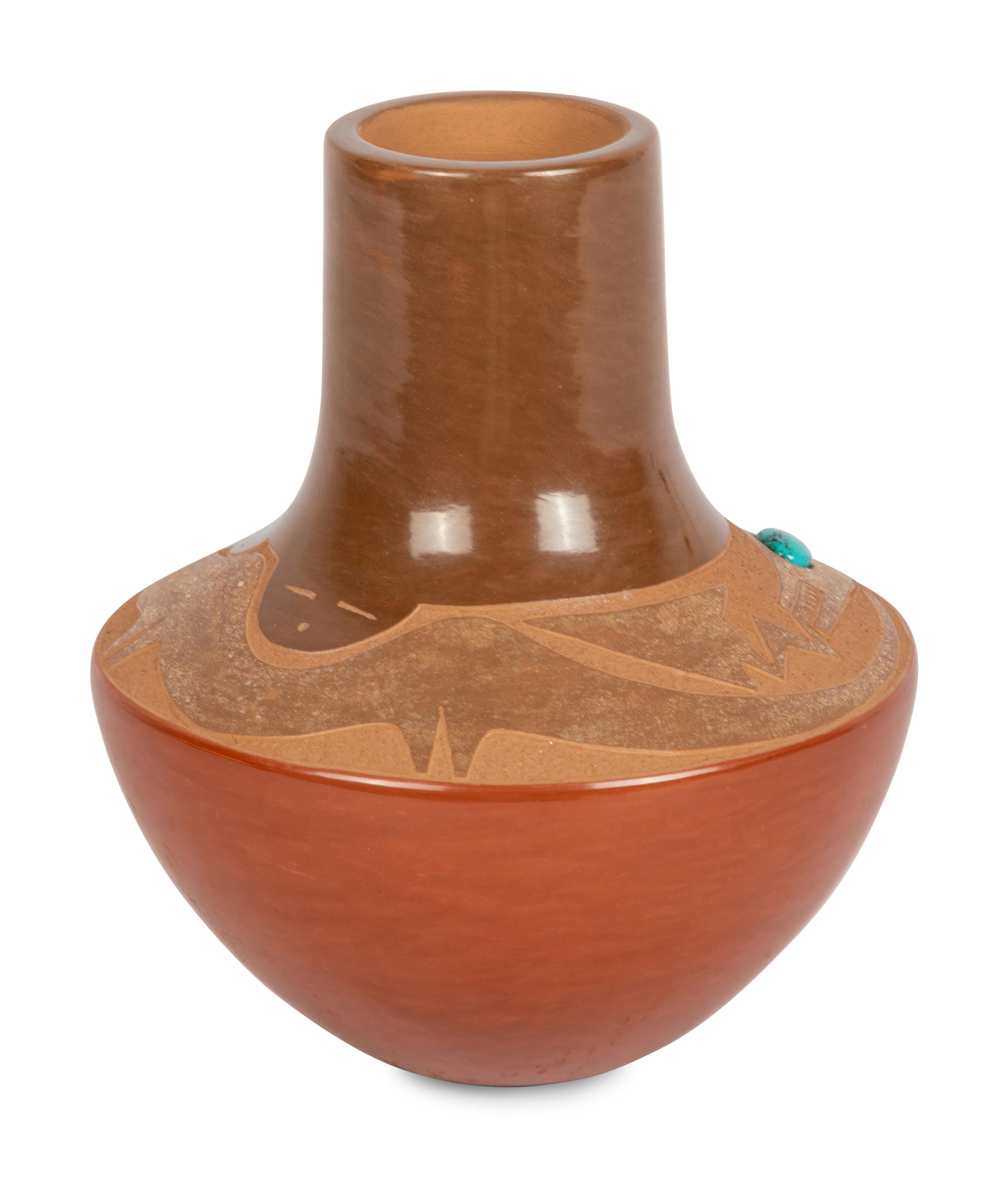Red and Sienna Pottery Vase, with Avanyu and Turquoise Cabochon