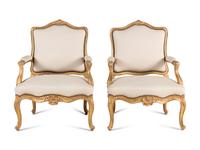 A Pair of Italian Rococo Shell-Carved Giltwood Fauteuils