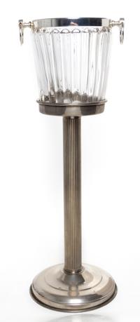 A Silver-plate and Molded Glass Wine Cooler on Stand Height 28 3/4 inches.