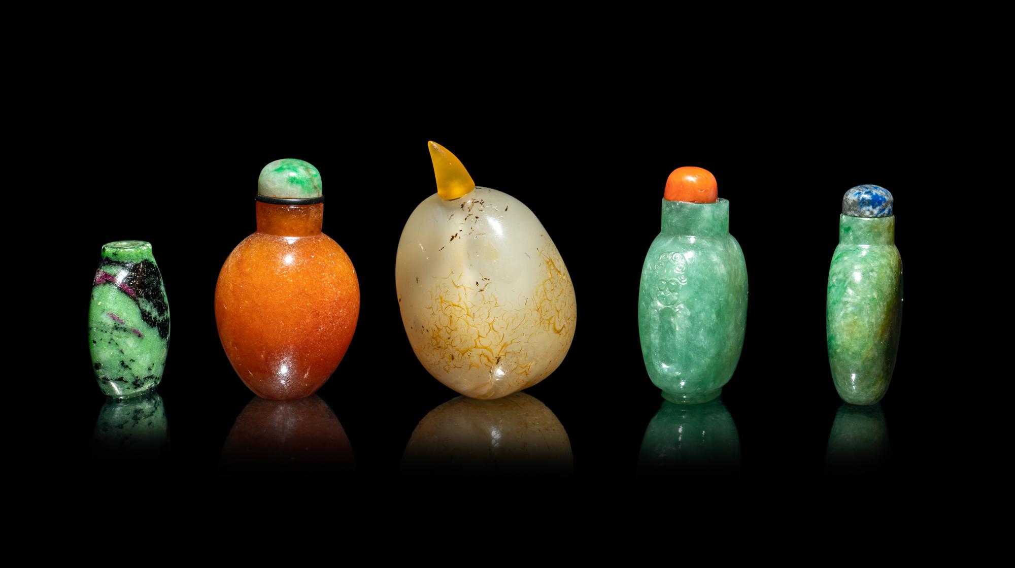 Five Chinese Jadeite and Quartz Snuff Bottles