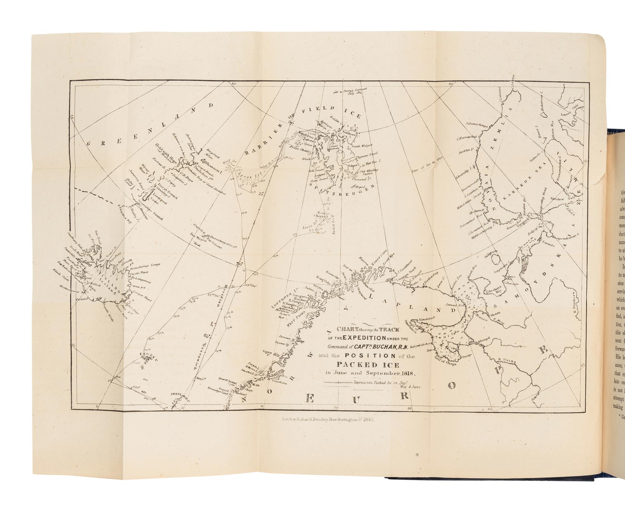 BEECHEY, Frederick William (1796-1856). A Voyage of Discovery towards the North Pole, Performed in His Majesty's Ships Dorothea and Trent, under the Command of Captain David Buchan, R.N., 1818; To which is added, a Summary of all the Early Attempts to reach the Pacific by way of the Pole . London: Richard Bentley, 1843.