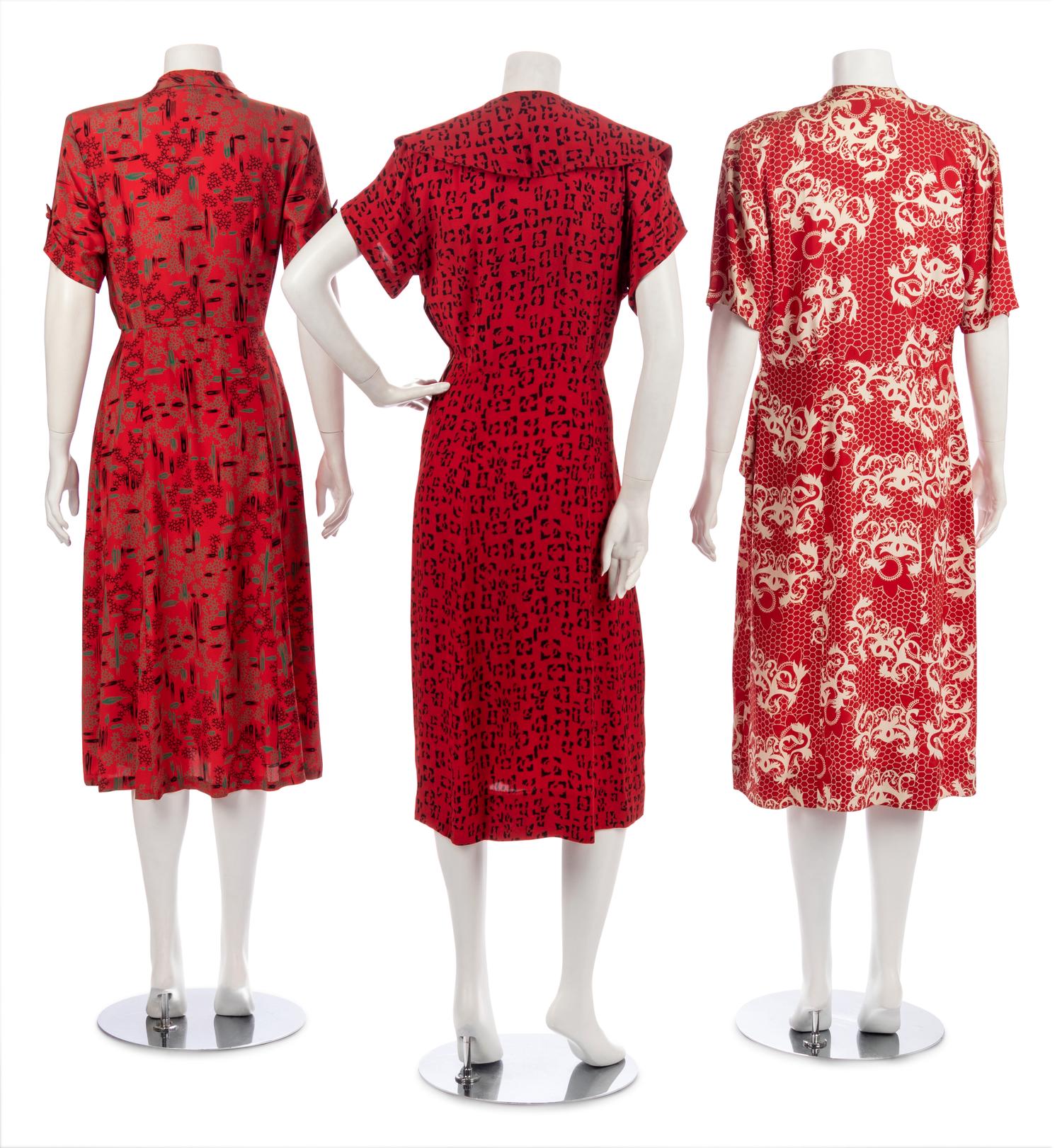 Three Red and Print Dresses, 1940s