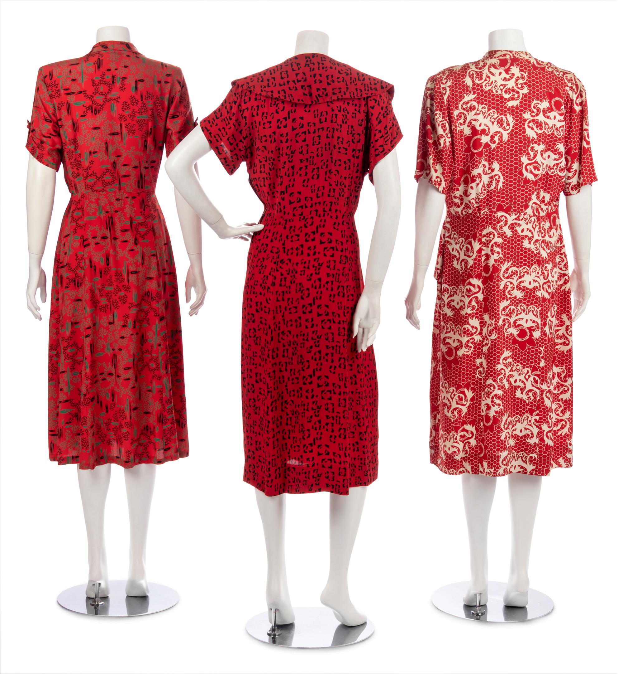 Three Red and Print Dresses, 1940s