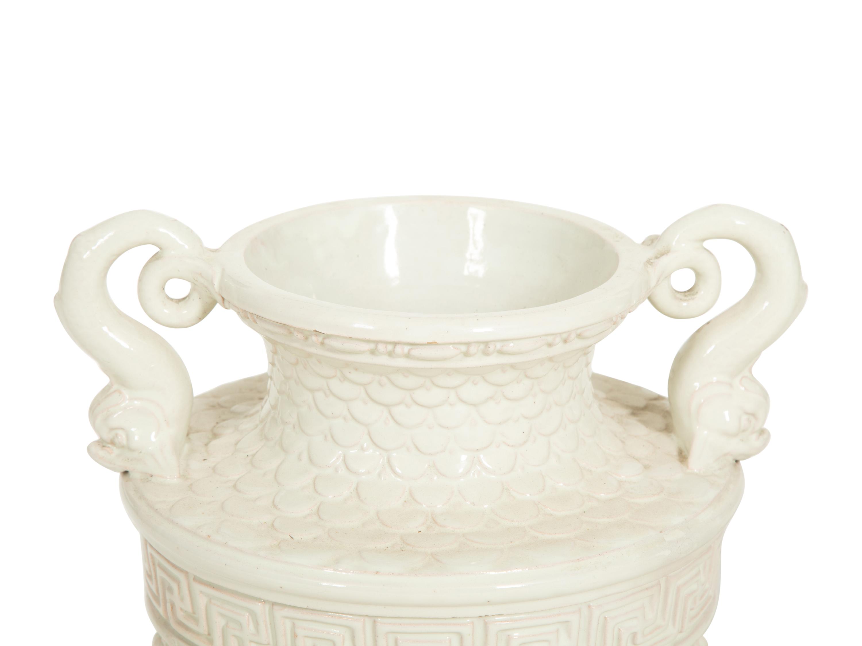 A Pair of Italian White Glazed Ceramic Urns