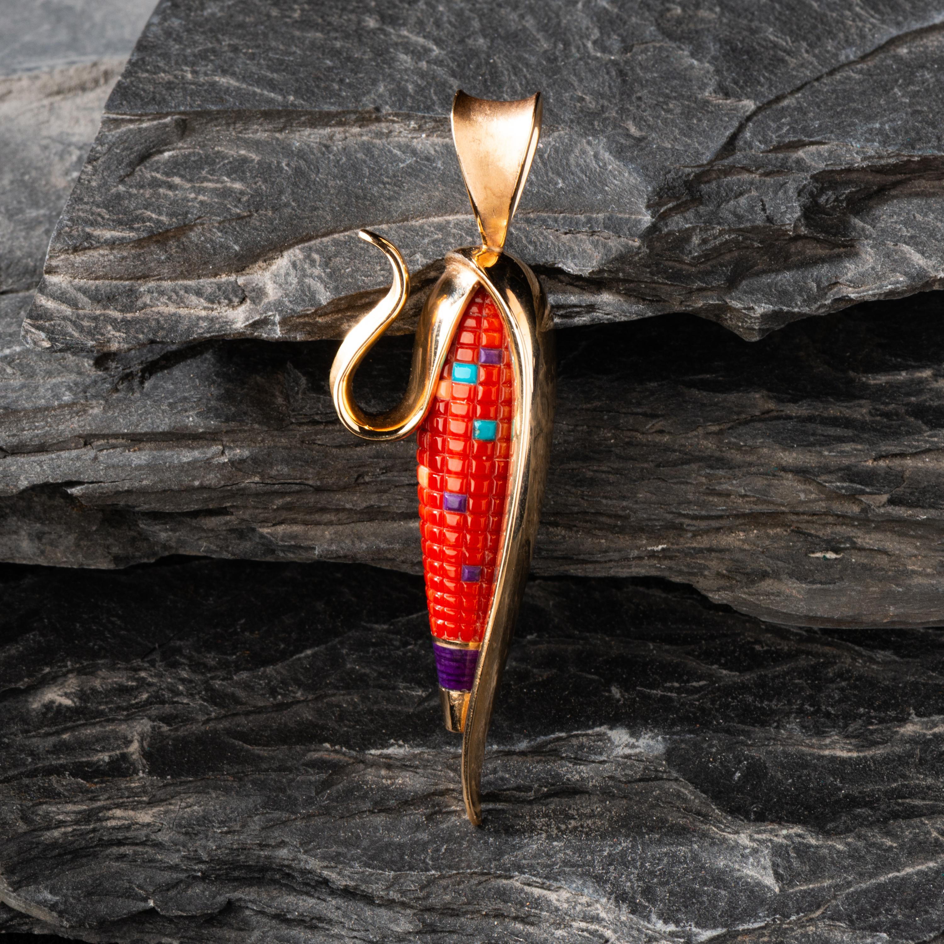 Charles Supplee (Hopi, 1956-2021) — Yellow Gold Corn Pendant, with Coral and Multi-Stone Mosaic Inlay