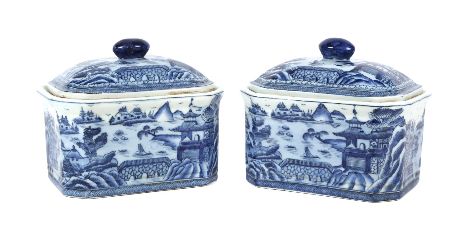 A Pair of Chinese Export Porcelain Covered Boxes Height 7 x width 7 3/4 x depth 6 7/8 inches. — 20TH CENTURY