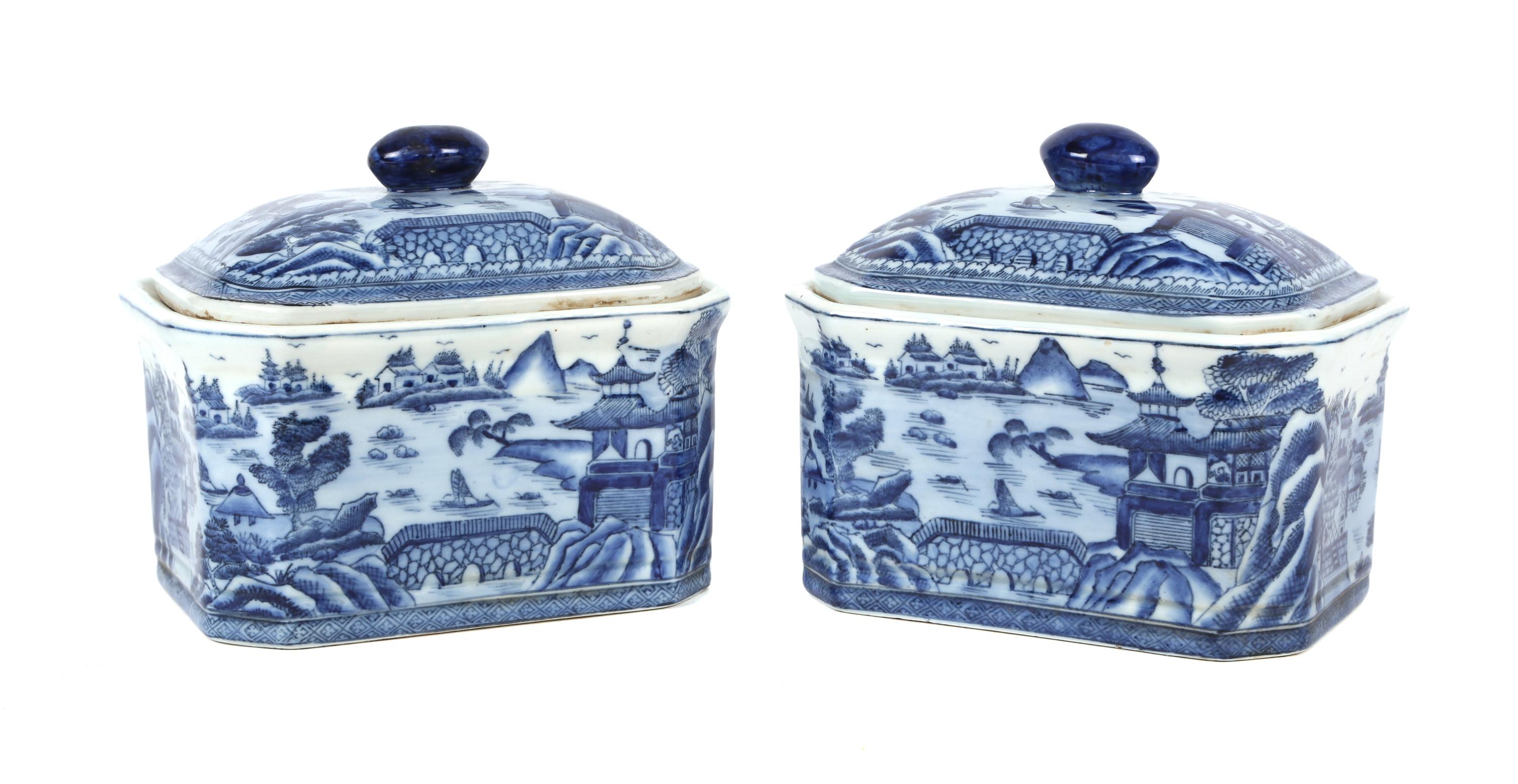 A Pair of Chinese Export Porcelain Covered Boxes Height 7 x width 7 3/4 x depth 6 7/8 inches. — 20TH CENTURY