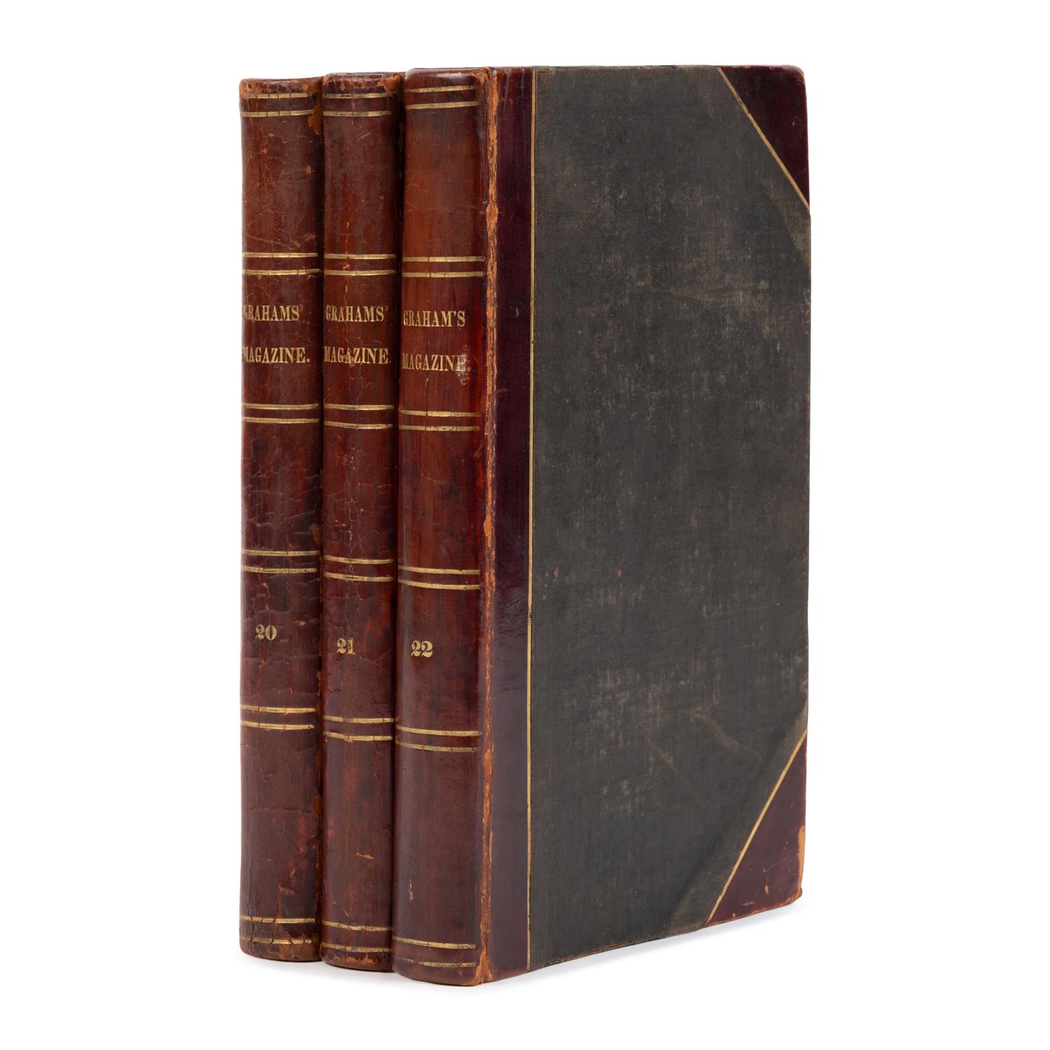 [Poe, Edgar Allan (1809-1849)]. "The Mask of the Red Death: A Fantasy," and 6 other writings. In: Graham's Lady's and Gentleman's Magazine, Vols. XX-XXII . Philadelphia: George R. Graham, January-June, 1842.