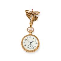 ART NOUVEAU, YELLOW GOLD, RUBY AND ENAMEL OPEN FACE LAPEL WATCH