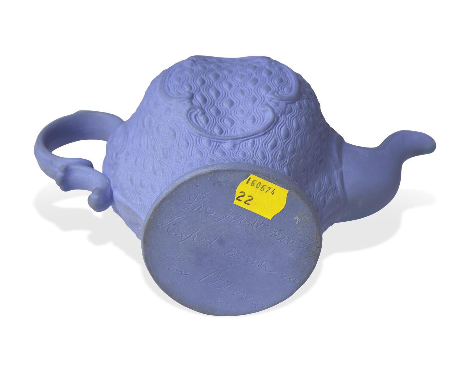 A Staffordshire Cornflower Blue Bisque Teapot Prototype, Attributed to Wedgwood