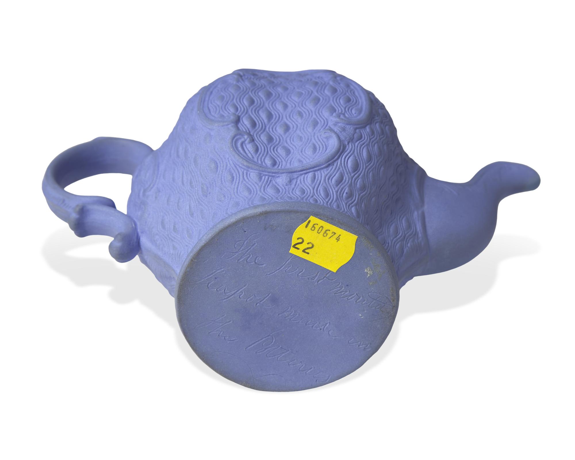 A Staffordshire Cornflower Blue Bisque Teapot Prototype, Attributed to Wedgwood