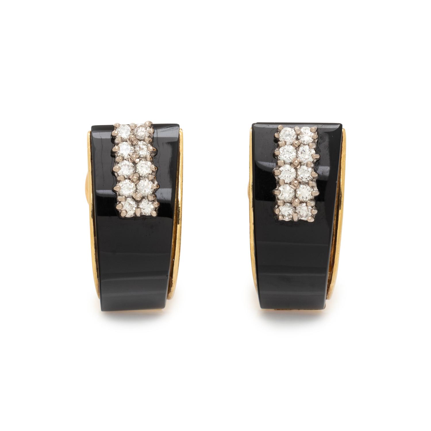 BIRKS, ONYX AND DIAMOND EARCLIPS