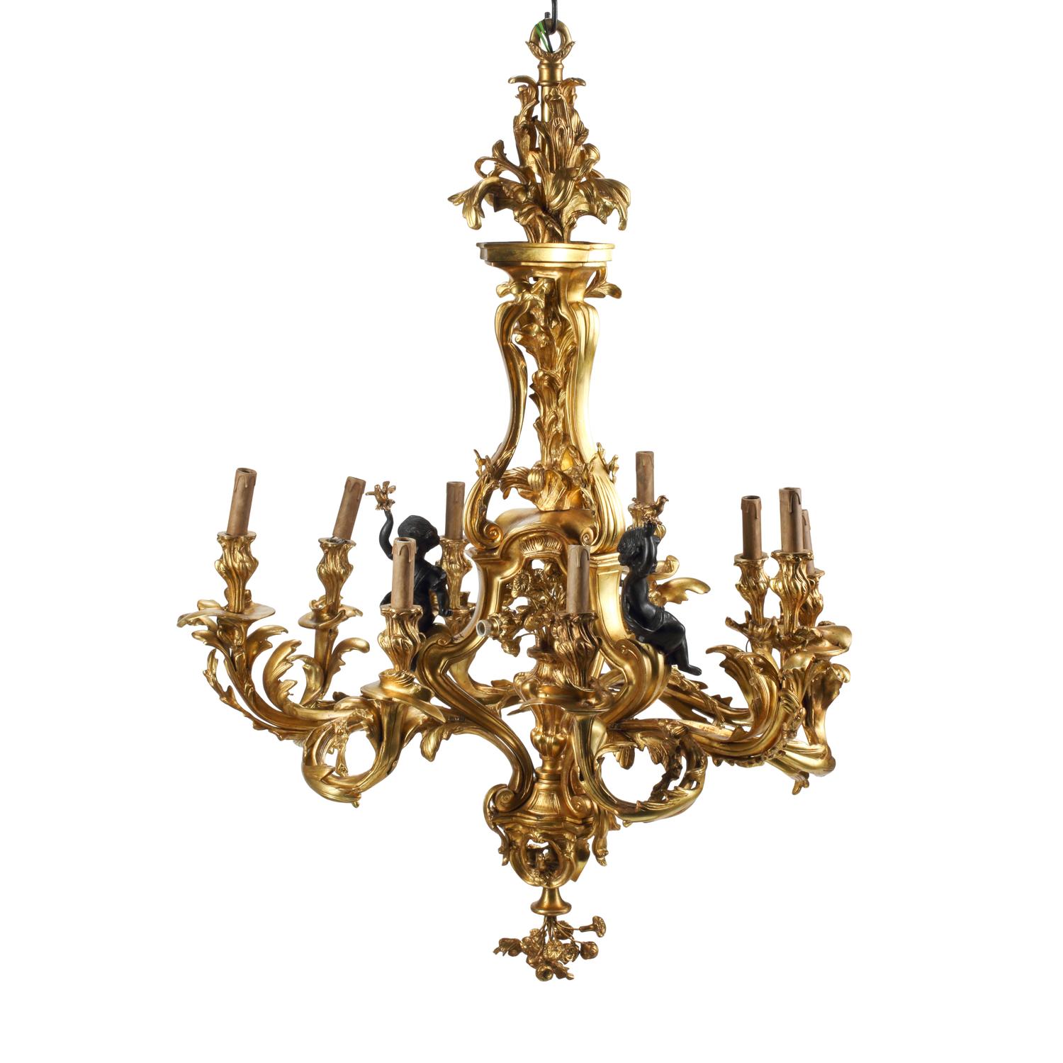 A Louis XV Style Gilt and Patinated Bronze Nine-Light Chandelier