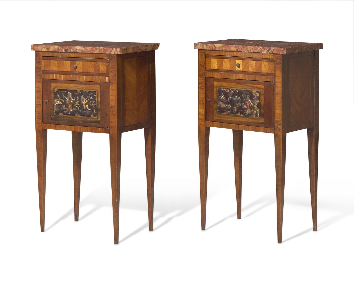 A pair of Neoclassical style inlaid mahogany side tables with Breccia marble tops, early 20th century