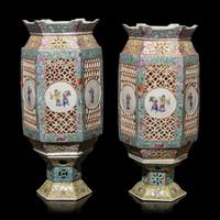 A Pair of Chinese Famille Rose Porcelain Lanterns, Late 19th-Early 20th Century — 晚清-民國 粉彩六方瓷燈籠一對