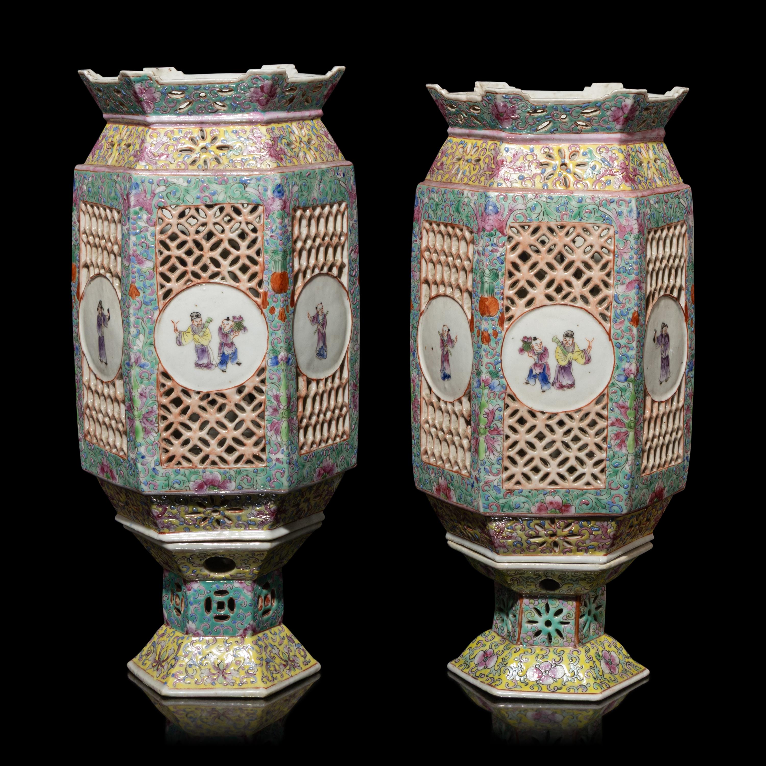 A Pair of Chinese Famille Rose Porcelain Lanterns, Late 19th-Early 20th Century — 晚清-民國 粉彩六方瓷燈籠一對