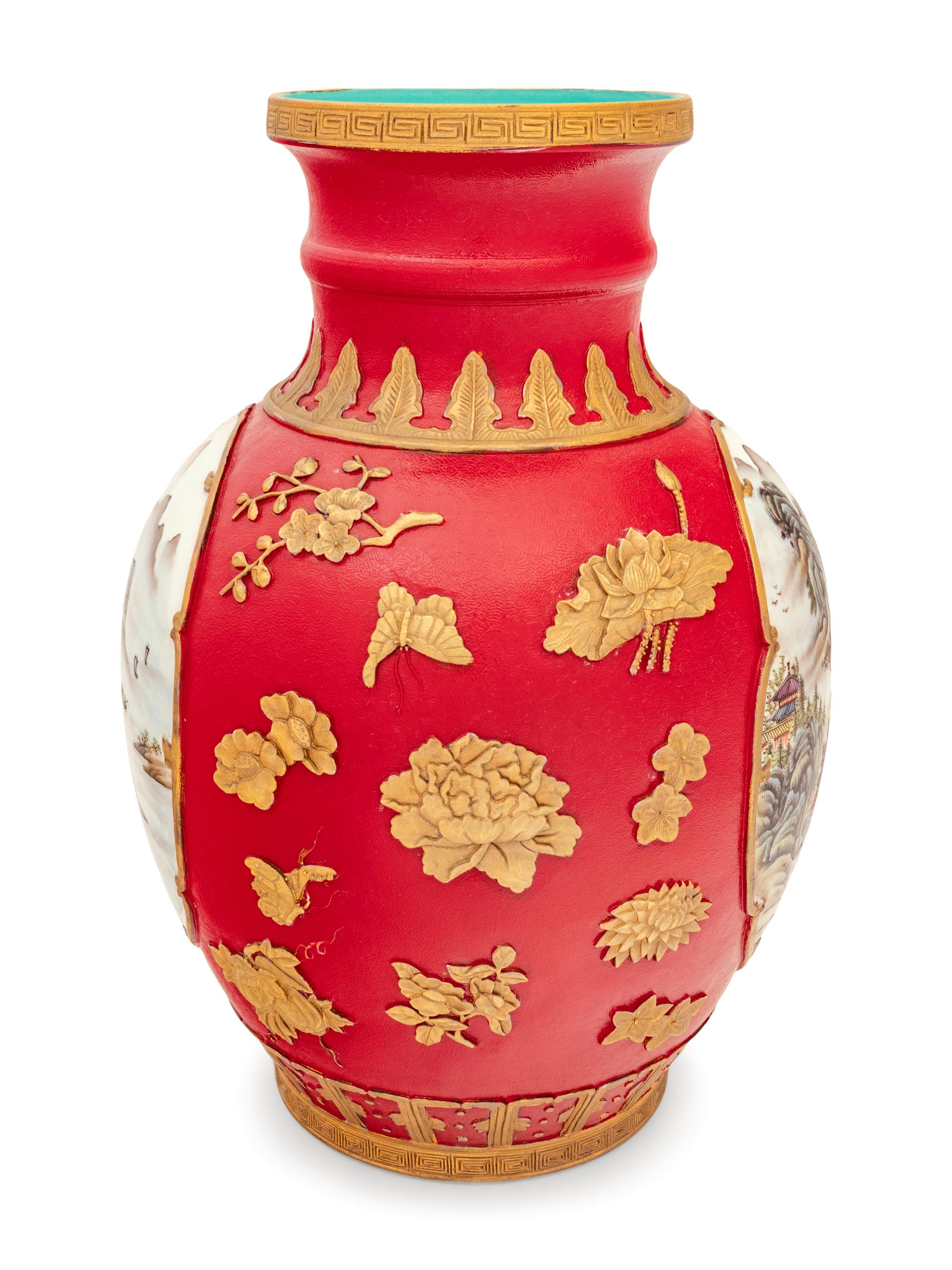 A Chinese Export Parcel-Gilt and Enameled Porcelain Vase