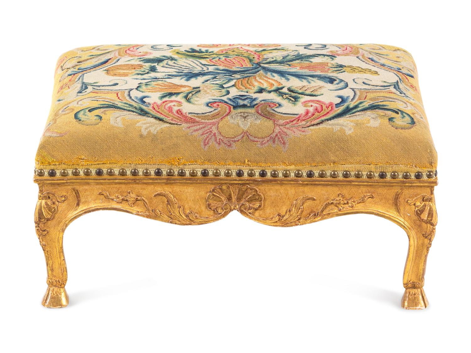 A Régence Needlepoint-Upholstered Giltwood Stool