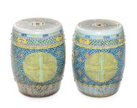 A Pair of Chinese Famille Rose Porcelain Garden Stools Height 18 1/2 inches. — LATE 19TH/EARLY 20TH CENTURY